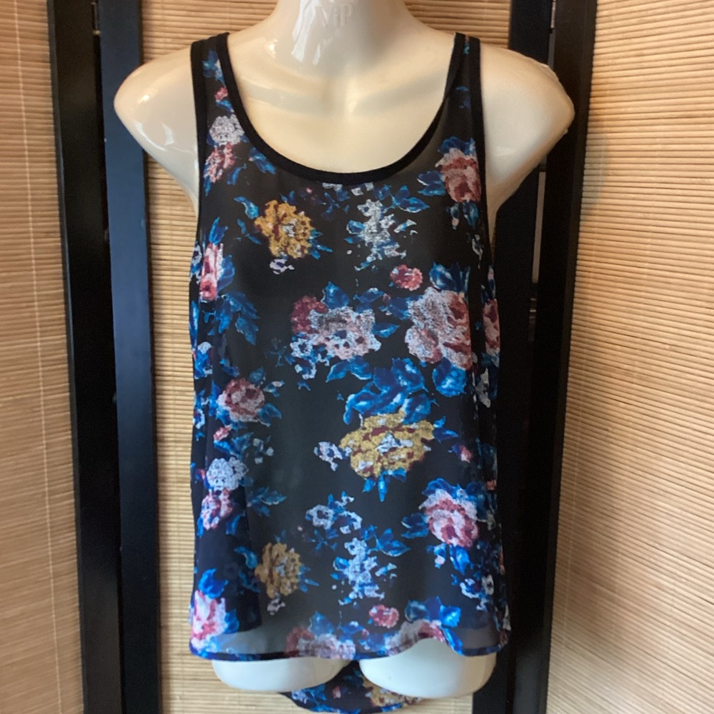 💗 Vintage Y2K MUDD sheer tank black floral XS scoop neck EUC